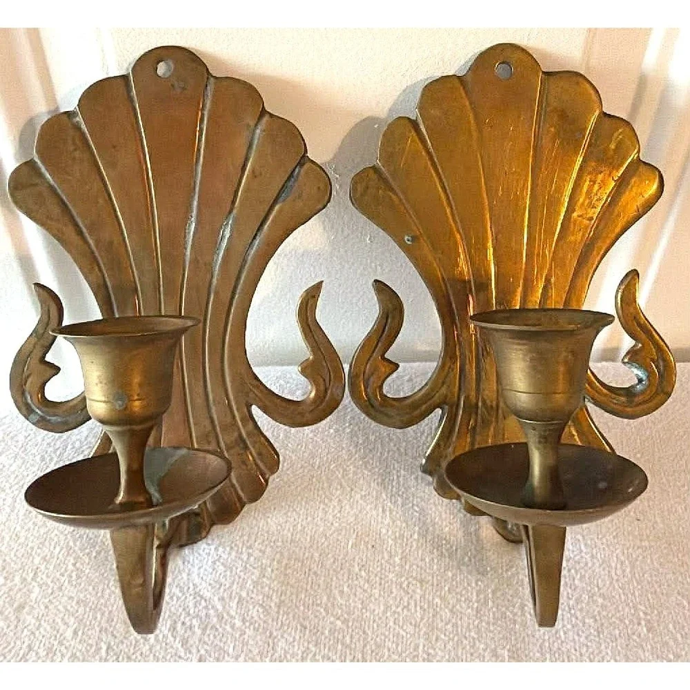 Vintage Brass Candle Wall Sconce Pair Shell MCM Hollywood Regency Cottage Core